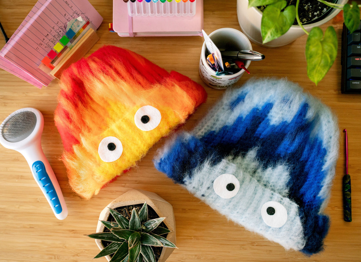 Calcifer beanie tapestry crochet hat pattern vvnstitches anime fashion flame hat fire brushed crochet hat howl's moving castle studio ghibli fan art pixel grid graph chart color block tutorial how to crochet beginners