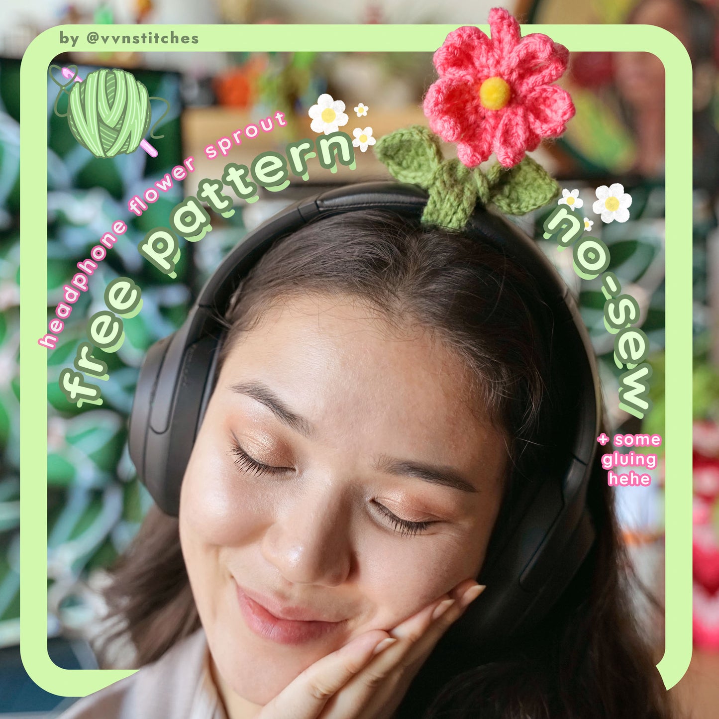 headphone flower sprout attachment accessory crochet free pattern no sew beginner friendly easy diy gifts cute anime mob psycho 100 shigeo remember flower