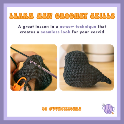 no sew crochet technique tutorial crow crochet pattern voidies void spooky amigurumi halloween raven bird cute black low sew
