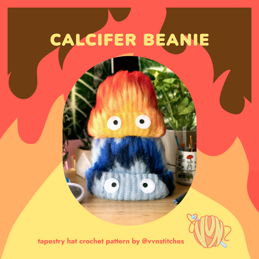 Calcifer beanie tapestry crochet hat pattern vvnstitches anime fashion flame hat fire brushed crochet hat howl's moving castle studio ghibli fan art pixel grid graph chart color block tutorial how to crochet beginners 
