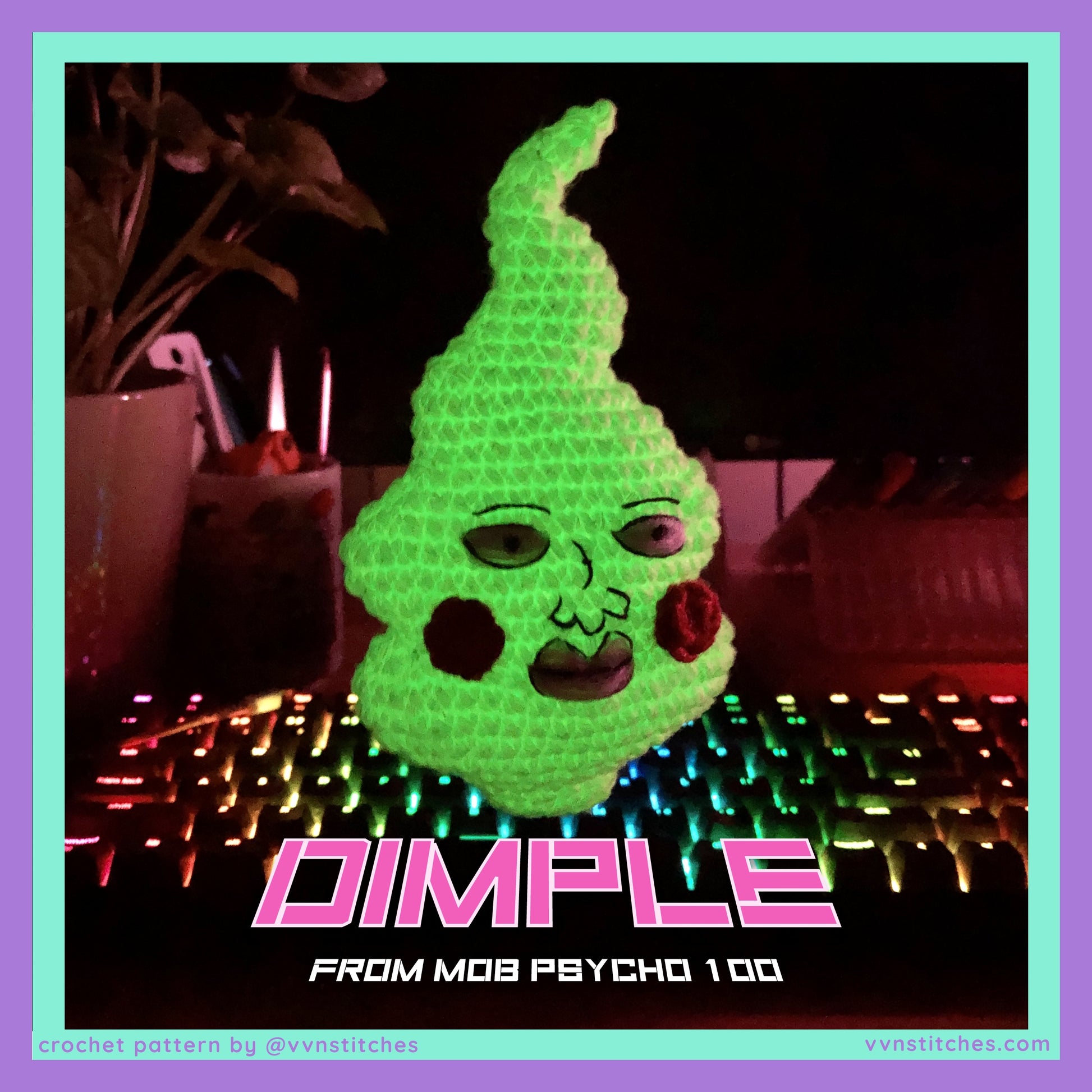 dimple mob psycho 100 crochet pattern amigurumi plush anime merch fanart ekubo glow in the dark